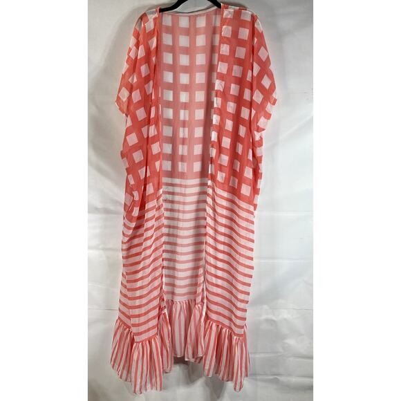 Women's Red/White Square-Striped Printed Ruffle-Hem Open-Front Cardigan SZ OS - Picture 1 of 7